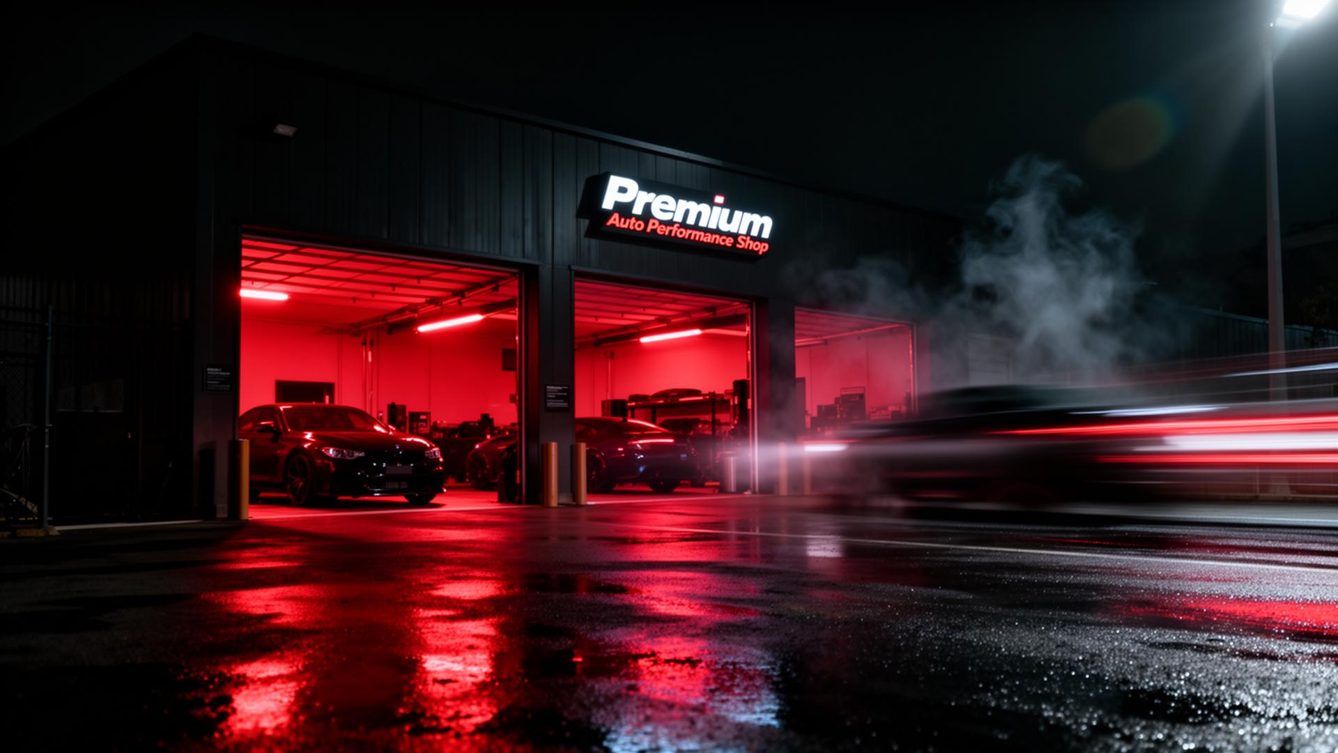 Vaca Motorsports storefront at night with red ambient lighting